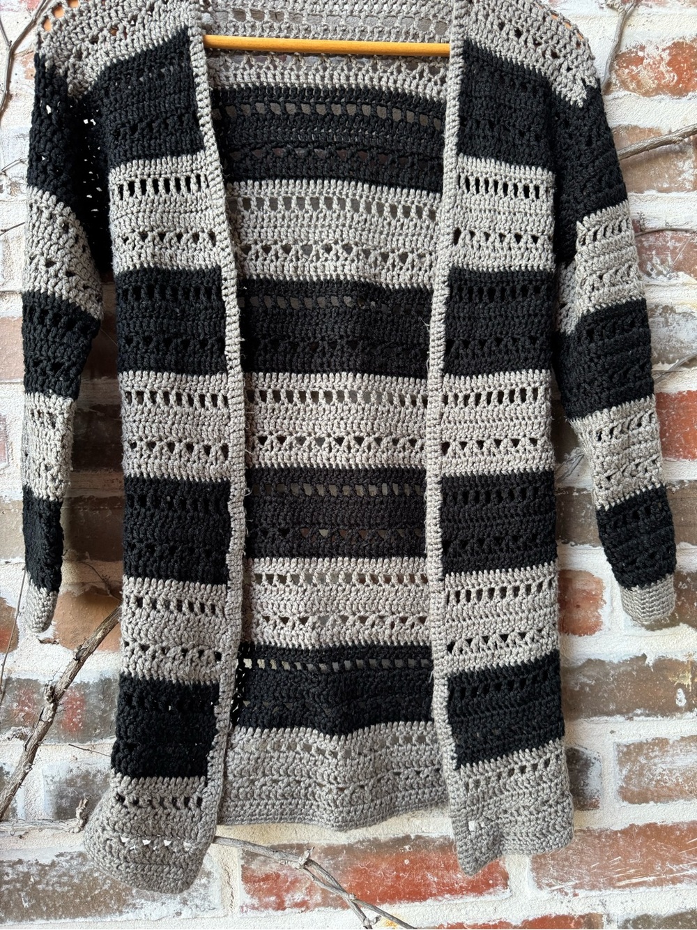Handmade Crochet Striped Duster Cardigan – Black & Grey Size Small - Picture 5 of 7